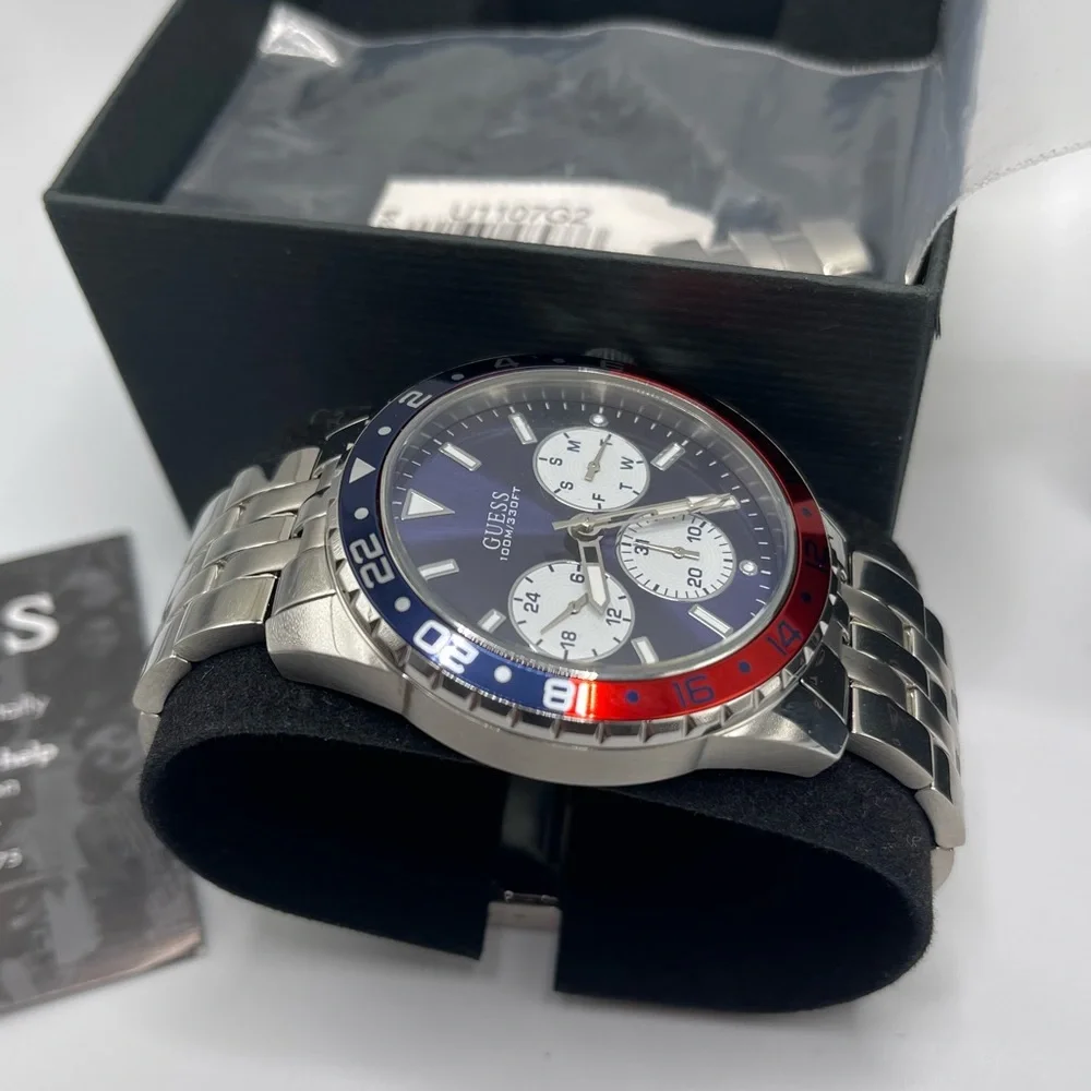Guess Waterpro Men's Silver Tone Multifunction Watch U1107G2 Red Blue